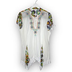 Siya White Colorful Floral Embroidered Cotton Blouse Tunic Top Women’s Large